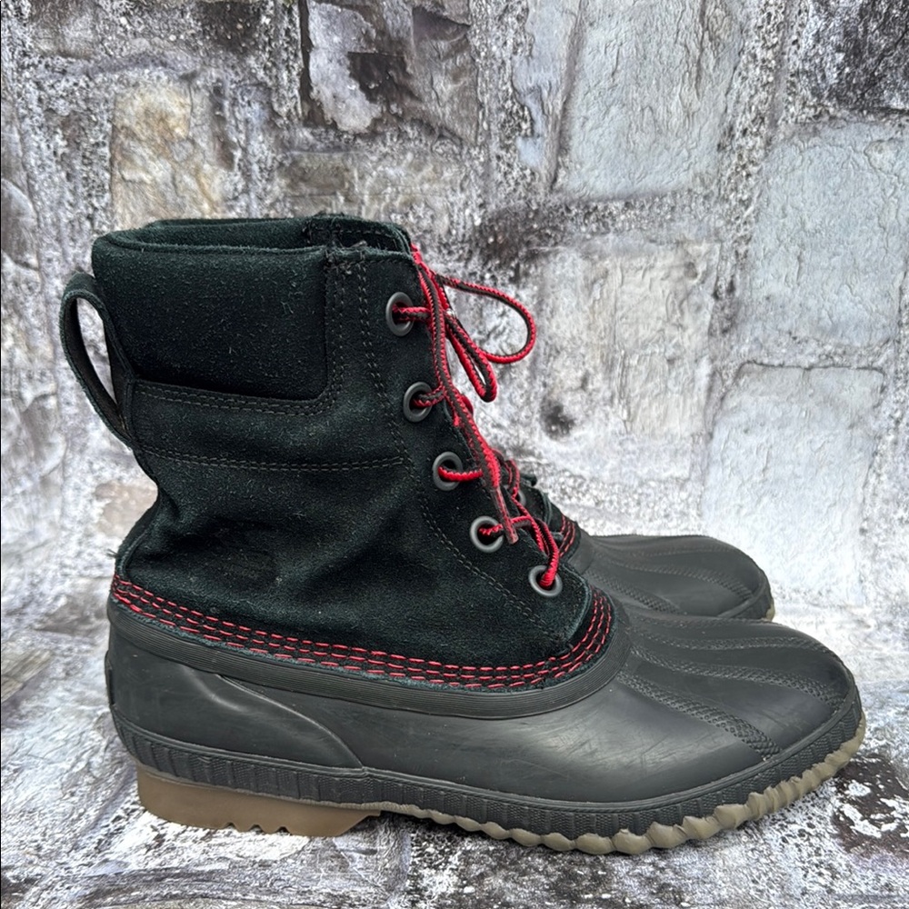 Sorel Black and Red Winter Rain Boots with Waterproof Design